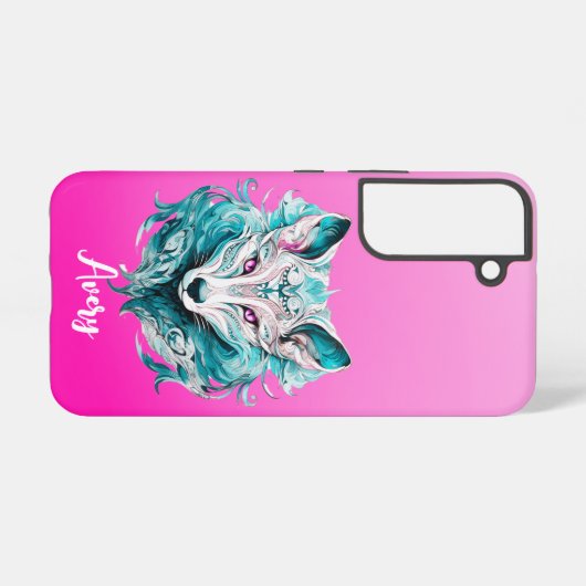 Mystical Wolf | Elegant Türkis & Pink Wolf Samsung Galaxy Hülle (Rückseite (Horizontal))