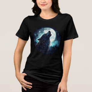 Mystical Wolf Howling at Full Moon Tri-Blend Shirt