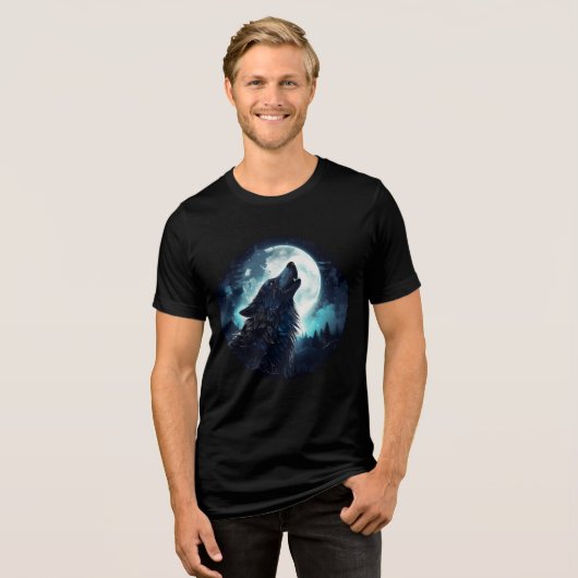 Mystical Wolf Howling at Full Moon Tri-Blend Shirt (Vorderseite voll)
