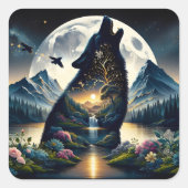 Mystical Wolf Howling bei Moon Surreal Ai Art Quadratischer Aufkleber (Vorderseite)