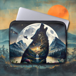 Mystical Wolf Howling bei Moon Surreal Laptopschutzhülle