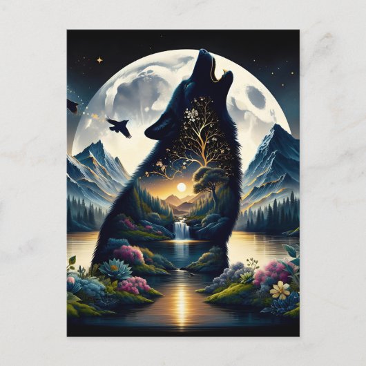 Mystical Wolf Howling bei Moon Surreal Postkarte (Vorderseite)