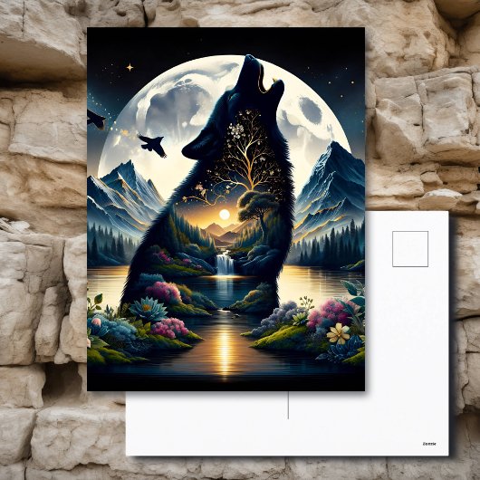 Mystical Wolf Howling bei Moon Surreal Postkarte