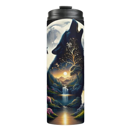 Mystical Wolf Howling bei Moon Surreal Thermosbecher (Vorderseite)