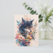 Mystical Wolf in Vibrant Watercolor Blooms Postkarte (Stehend Vorderseite)