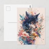 Mystical Wolf in Vibrant Watercolor Blooms Postkarte (Vorne/Hinten)
