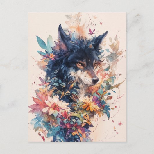 Mystical Wolf in Vibrant Watercolor Blooms Postkarte (Vorderseite)
