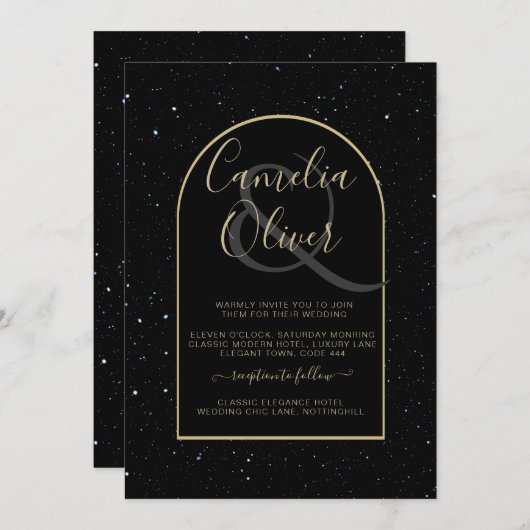 Mystique BLACK GOLD Starry Night Wedding Einladung (Vorne/Hinten)
