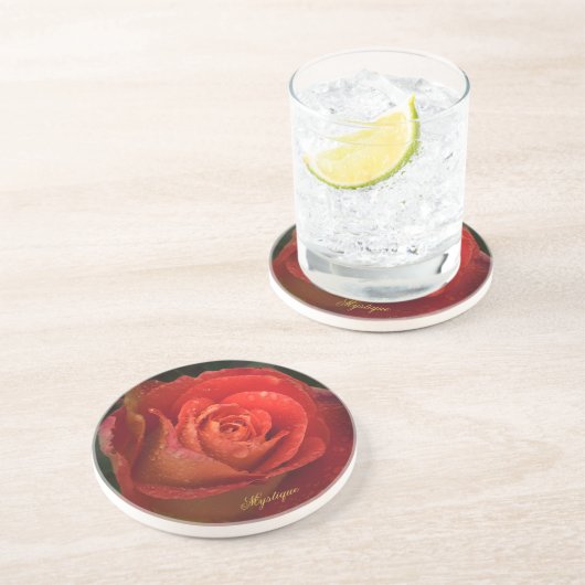 Mystique Dark Botanical Red Orange Rose Coaster Getränkeuntersetzer (Seite)