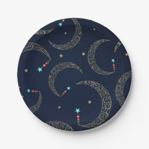 Mystisch Blau & Gold-Filigran Mond Himmels-Party Pappteller