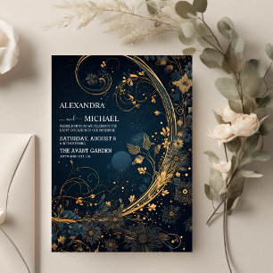 Mystisch Blau Mitternacht Gold Himmlische Hochzeit Einladung