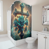 "Mystisch blaue Rose und Kreuz" Duschvorhang (Beispiel)