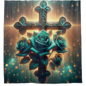 "Mystisch blaue Rose und Kreuz" Duschvorhang (Vorderseite)