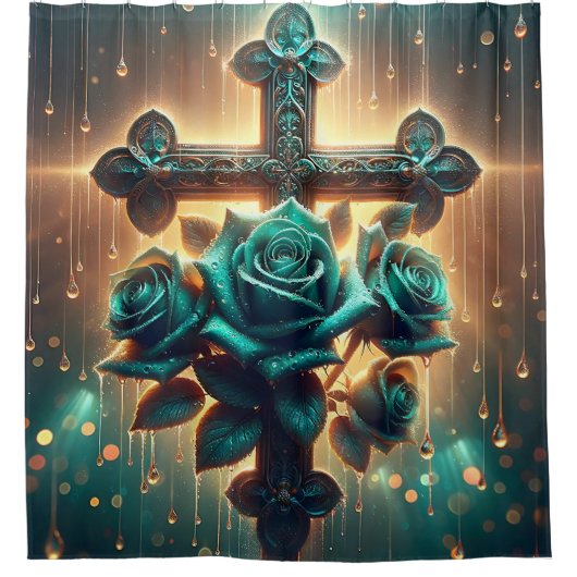 "Mystisch blaue Rose und Kreuz" Duschvorhang (Vorderseite)