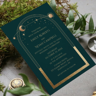 Mystisch Grün Gold Sonne Mond Sterne Foto Hochzeit Einladung