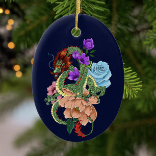 Mystisch grüner chinesischer Drache, floral, marin Keramik Ornament