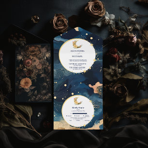 Mystisch-midnightblau-goldene Wasserfarben-Hochzei All In One Einladung