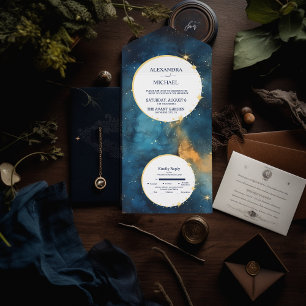 Mystisch Midnightblau und Gold Aquarell-Hochzeit All In One Einladung