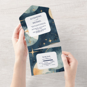 Mystisch Mitternachtsblau und Gold Aquarell-Hochze All In One Einladung