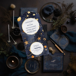 Mystisch Mitternachtsblau und Gold Wasserfarbenen All In One Einladung