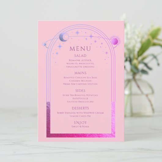 Mystisch rosa Lila Sonnenstrahlen Hochzeit Menükarte (Stehend Vorderseite)