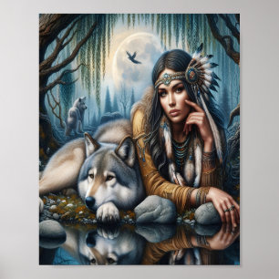 Mystische amerikanische Frau mit Wölfen 10x8 Poster