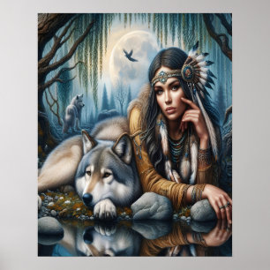 Mystische amerikanische Frau mit Wölfen 16x20 Poster