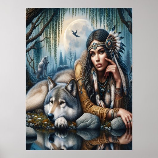 Mystische amerikanische Frau mit Wölfen 18x24 Poster (Vorne)