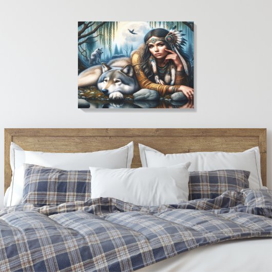 Mystische amerikanische Frau mit Wölfen 24x18 Leinwanddruck (Insitu (Schlafzimmer))