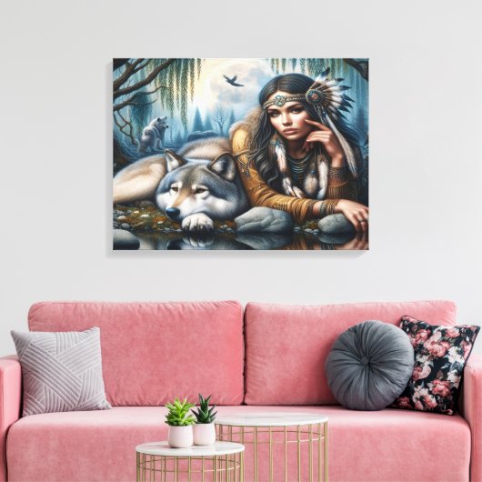 Mystische amerikanische Frau mit Wölfen 24x18 Leinwanddruck (Insitu (Wohnzimmer))