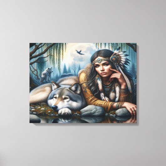 Mystische amerikanische Frau mit Wölfen 24x18 Leinwanddruck (Vorderseite)