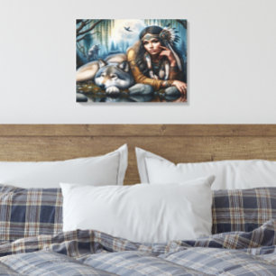 Mystische amerikanische Frau mit Wölfen 24x18 Leinwanddruck