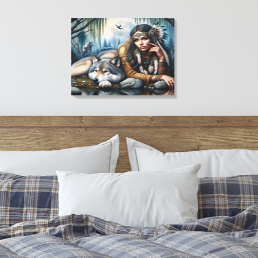 Mystische amerikanische Frau mit Wölfen 24x18 Leinwanddruck