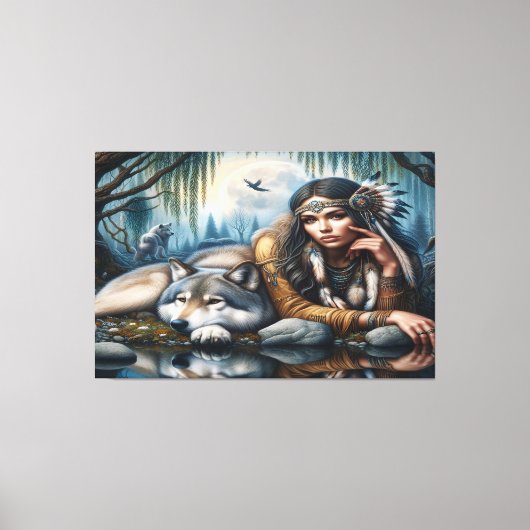 Mystische amerikanische Frau mit Wölfen 36x24 Leinwanddruck (Vorderseite)