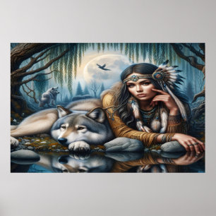Mystische amerikanische Frau mit Wölfen 36x24 Poster