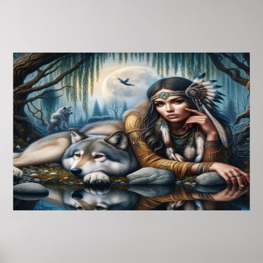 Mystische amerikanische Frau mit Wölfen 36x24 Poster (Vorne)