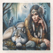 Mystische amerikanische Ureinwohner mit Wölfen Glasuntersetzer (Vorderseite)