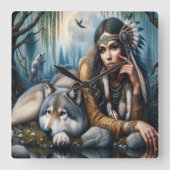 Mystische amerikanische Ureinwohner mit Wölfen Quadratische Wanduhr (Vorderseite)