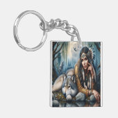 Mystische amerikanische Ureinwohner mit Wölfen Schlüsselanhänger (Vorderseite links)