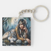 Mystische amerikanische Ureinwohner mit Wölfen Schlüsselanhänger (Rückseite)