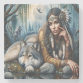 Mystische amerikanische Ureinwohner mit Wölfen Steinuntersetzer (Vorderseite)