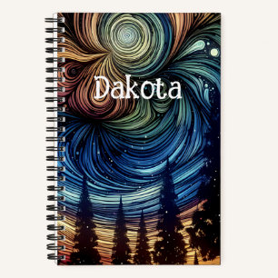 Mystische ätherische Kunst mit Bäumen und Nachthim Notizblock