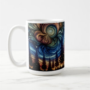 Mystische ätherische Kunst mit Bäumen und nächtlic Kaffeetasse