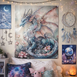 Mystische Blaue Drachen-Blumen-Kunst Wandteppich