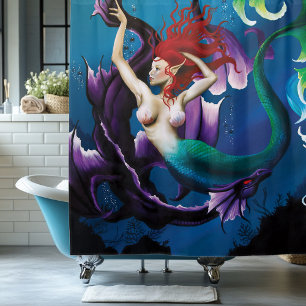 Mystische Blaue Fantasy Meerjungfrau Lila Wasser D Duschvorhang