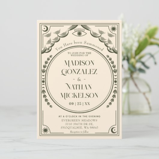 Mystische Elegante Olive Tarot Gotische Hochzeit Einladung (Stehend Vorderseite)
