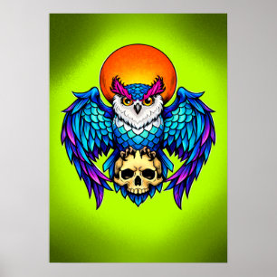 Mystische Eule und Totenkopf – Digitale Vibrante K Poster