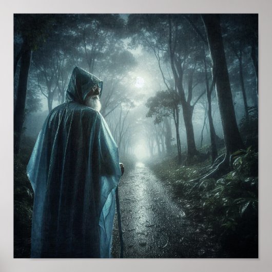 Mystische Figur im nebligen Wald Poster (Vorne)