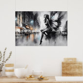 Mystische Flügelmädchen in Schwarz-Weiß-Stadt Poster (Küche)