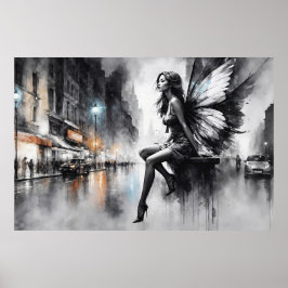 Mystische Flügelmädchen in Schwarz-Weiß-Stadt Poster